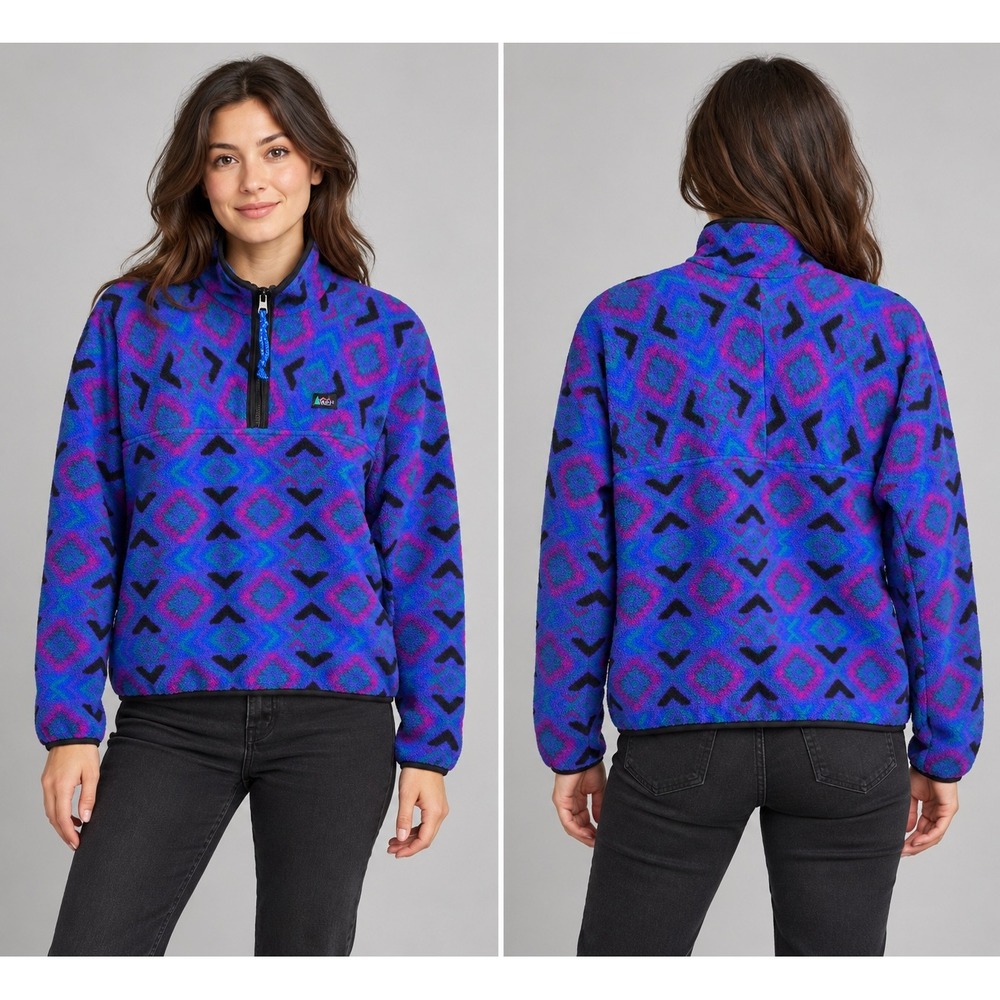 REI Vintage Fleece Pullover Quarter Zip Geometric Aztec Purple Blue Womens Large